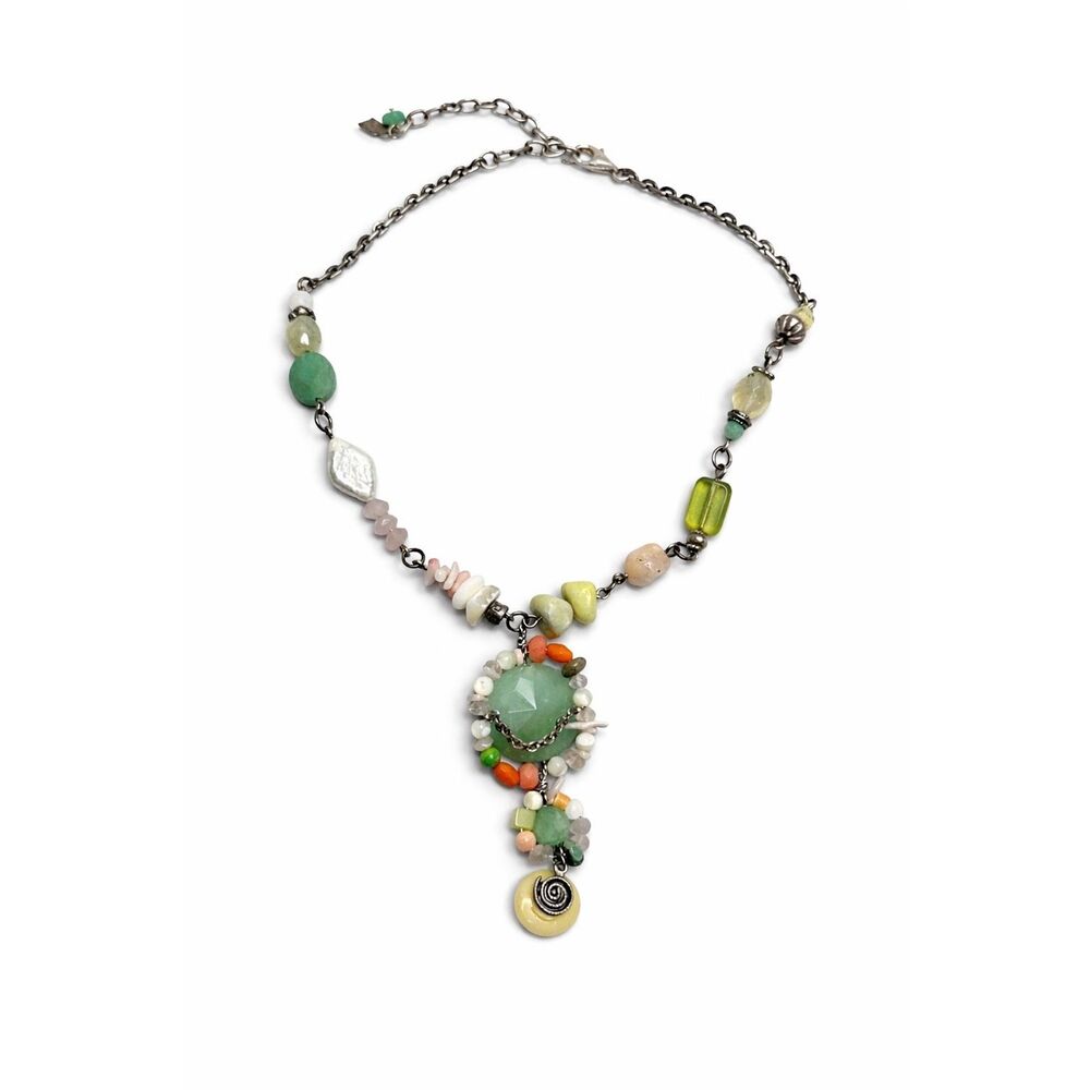Jill Schwartz Artisan Boho Gemstone Necklace Green Aventurine Pendant Beaded Sta